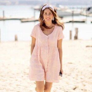 Jillian Harris X Priv Linen Pink Babydoll Dress Hampton Button Front M Short